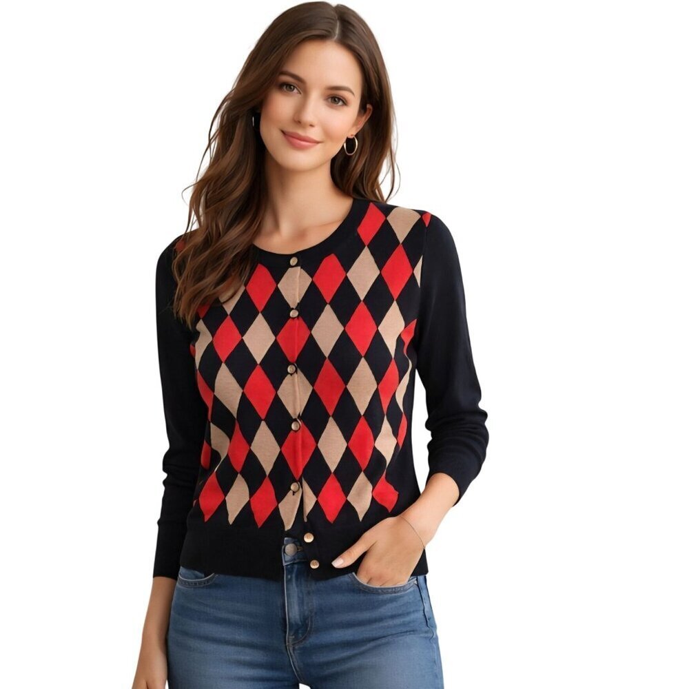 J.Crew Womens Argyle Merino Wool Cardigan Sweater Navy Red Beige Size M